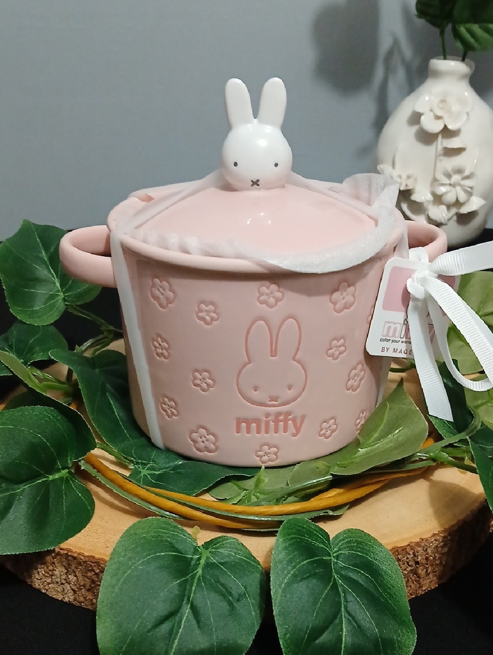 New!!Miiffy Pink Ceramic Bunny Dish with White Lid Accent NWT